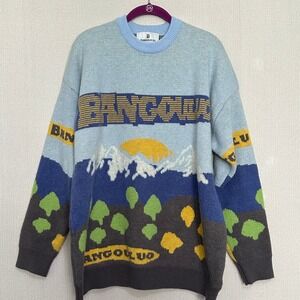 Bangouluo Mountain Landscape Graphic Intarsia Knit Sweater Blue Grey Men's Large